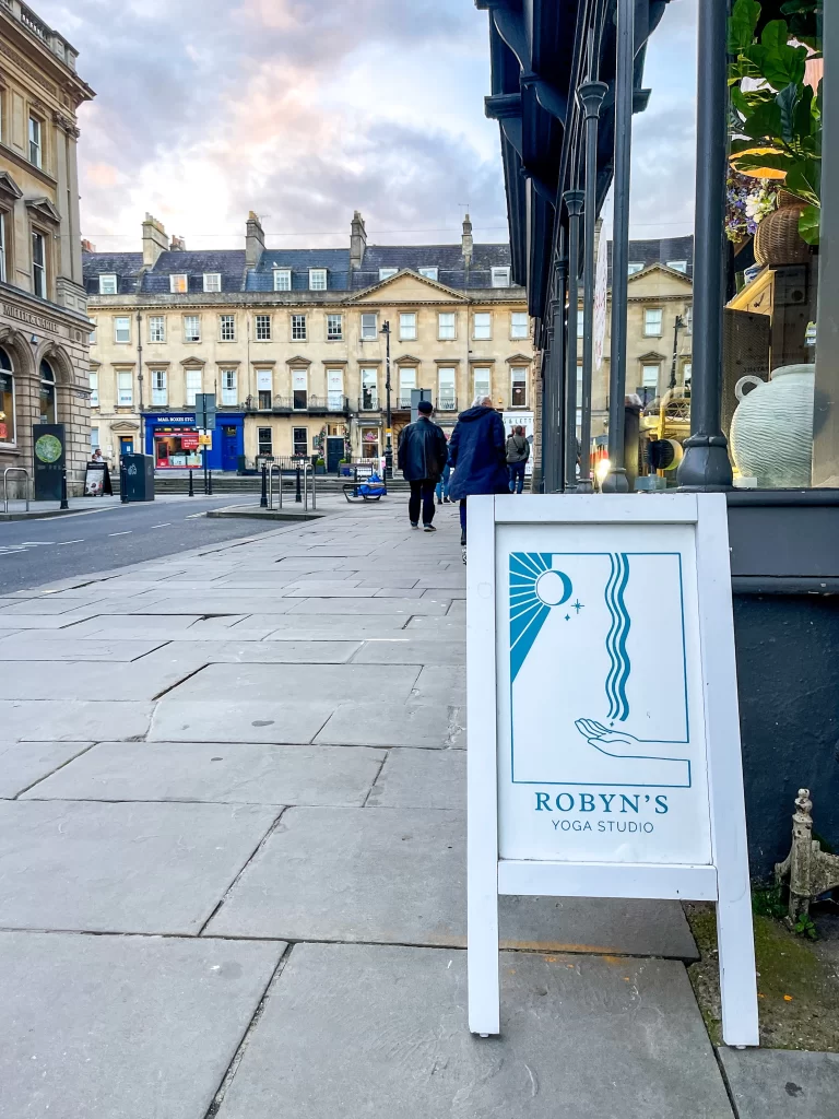 Robyn's Yoga Studio sign on a Bath morning