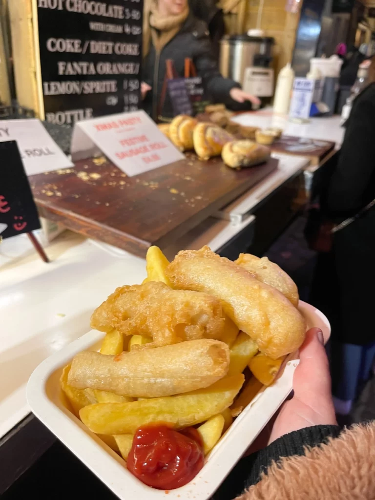 Fish and chips is food on offer at Bath Christmas Market